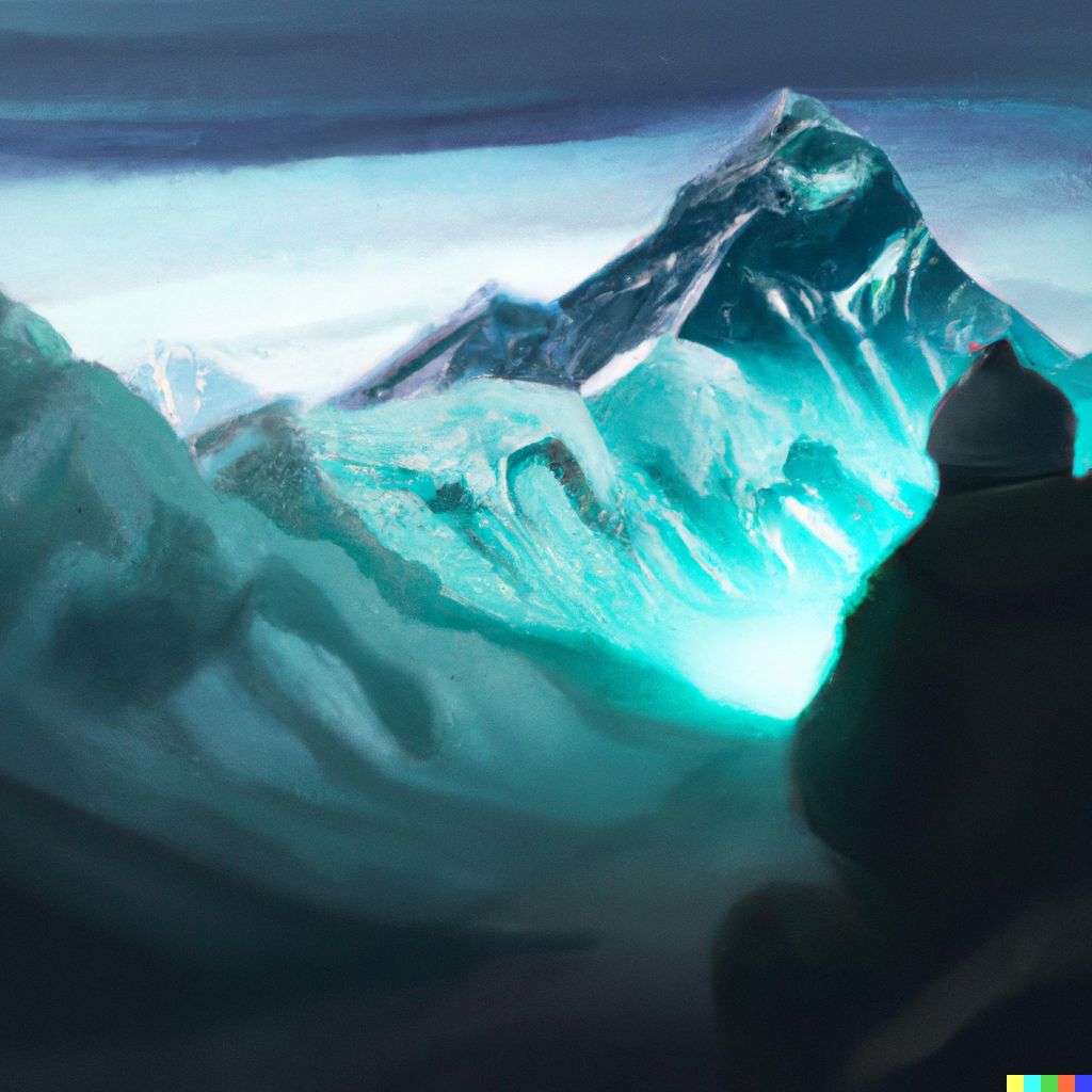 someone gazing at Mount Everest, digital art, glowing